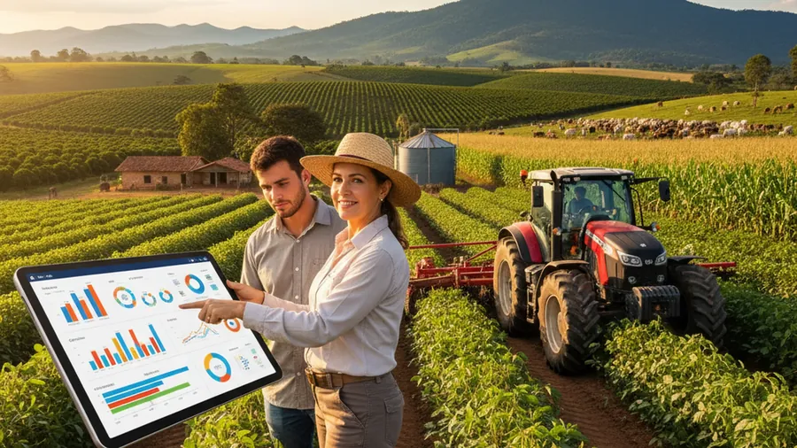 Agrônoma e produtor analisando painel de dados em lavoura com trator ao fundo