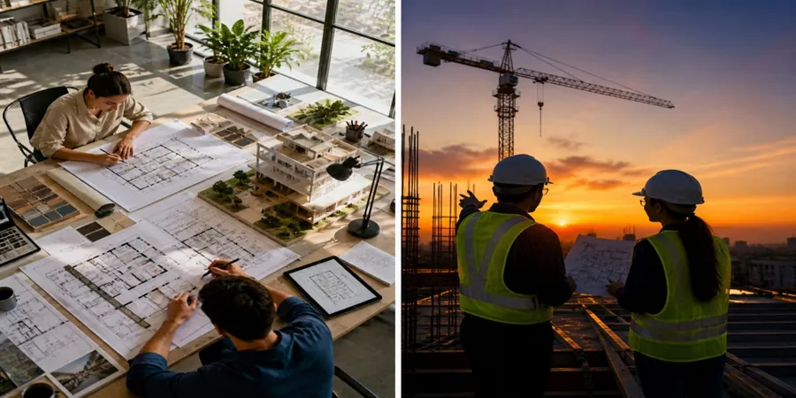 Arquitetos trabalhando com plantas e maquete, e engenheiros em obra ao pôr do sol