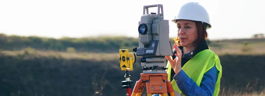 Profissional operando estação total em levantamento topográfico no campo